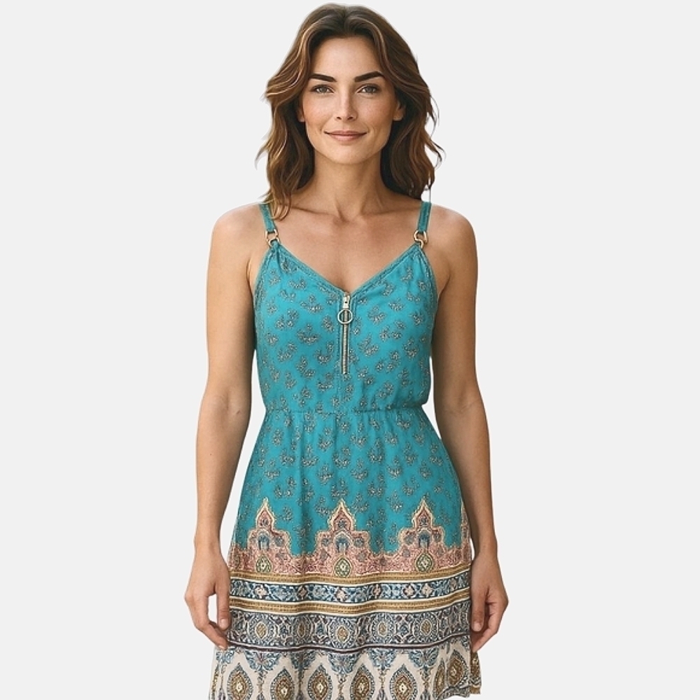Etcyy Sun Dress Summer Tank Beach Cover Up Teal Blue Paisley Gold Tone
